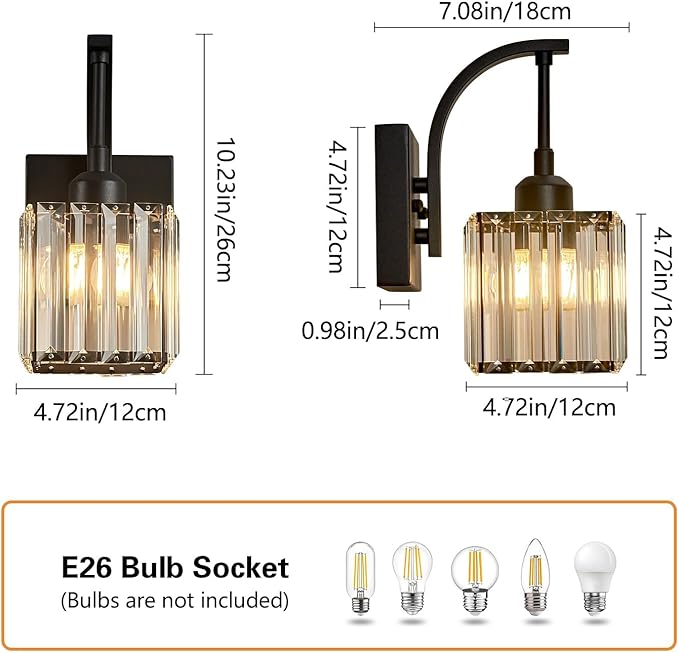Wall Sconces, Set of 2 Black Crystal Vanity Lights, Modern Wall Lamp for Bathroom, Hallway, and Makeup, Easy Installation