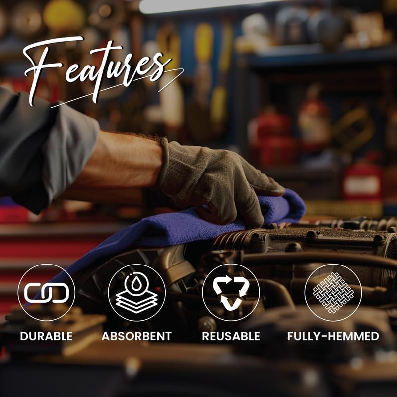 Shop Towels (Blue, 50-Pack) - Bulk Cleaning Towel in a Bag, Mechanic Cotton Wipes for Car Maintenance, Auto Mechanics & Garage, Wipe Grease & Oil, Machine Wash & Reusable