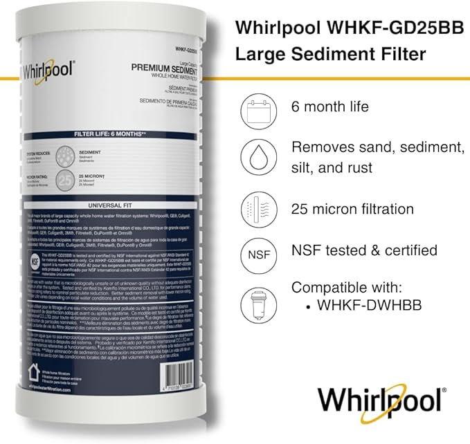 Whirlpool Whole House Large Capacity Sediment Filter WHKF-GD25BB, Full Case of 4 Filters, NSF Certified 25-Micron Filtration, Replacement Cartridge Fits Most Home 10" x 4.5" Standard Filter Housings