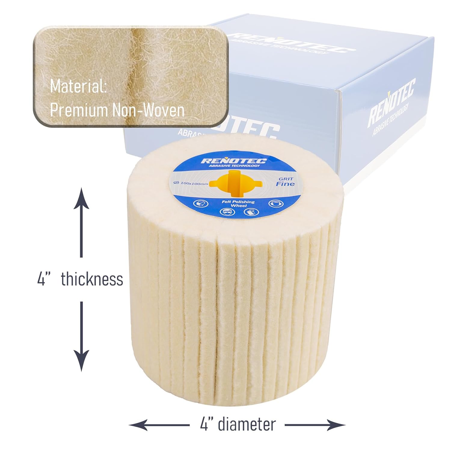 4"x4" Wool Felt Wheel, 4 Pack, Fine Grit, for Polishing and Mirror Polishing of Metal