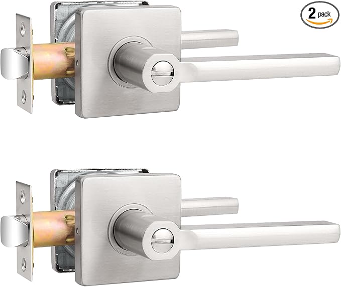 Probrico Privacy Door Handle Interior Heavy Duty Square Brushed Nickel Door Knobs for Bedroom Bathroom Reversible Keyless Door Lever Satin Nickel, 2 Pack