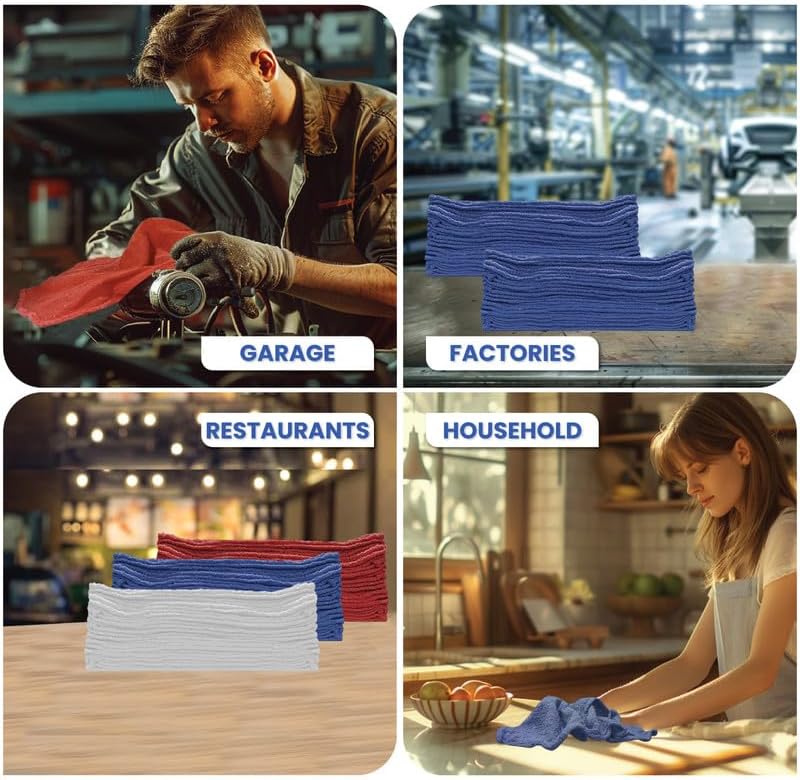 Shop Towels (Blue, 200-Pack) - Bulk Cleaning Towel in a Bag, Mechanic Cotton Wipes for Car Maintenance, Auto Mechanics & Garage, Wipe Grease & Oil, Machine Wash & Reusable