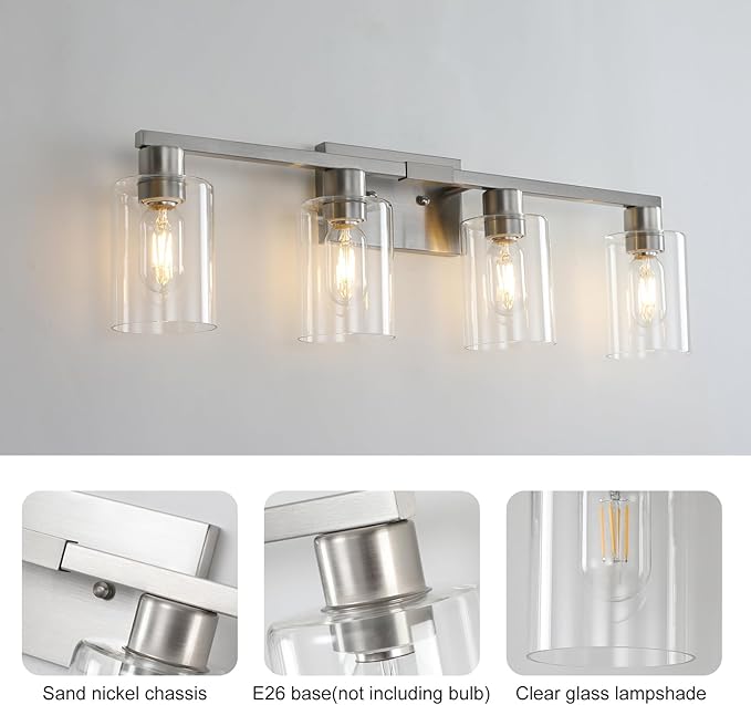 4 Light Bathroom Light Fixtures, Brushed Nickel Modern Bathroom Vanity Light with Clear Glass Shade, Bathroom Lighting Fixtures Over Mirror, Vanity Lights for Bathroom Mirror