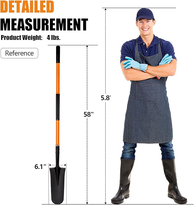 VNIMTI Heavy Duty Shovel with Fiberglass Handle for Digging and Gardening, Metal, 58 Inches