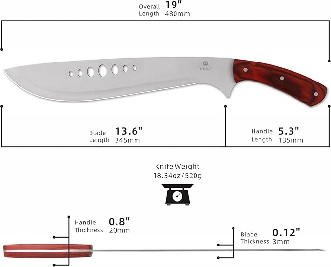 REAT Machete Heavy Duty with Leather Sheath,19-inch Full Tang 420 Stainless Steel Blade with Wood Handle,Machetes for Yard Work, Cutting Trees,Camping,Hunting