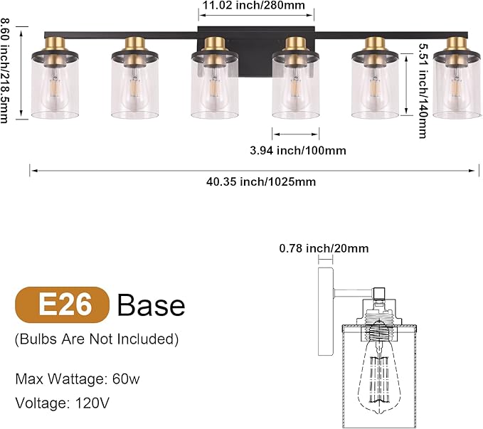 Modern 6-Light Bathroom Vanity Light Fixtures Over Mirror, Black Wall Lamp for Over Sink Bathroom，Farmhouse Wall Sconces with Clear Glass Shade for Bedroom,Living Room