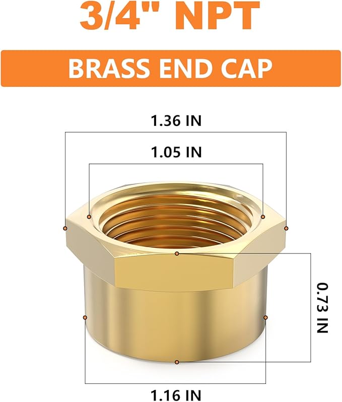 GASHER 3/4"NPT Brass Pipe Cap, NPT Female Thread Socket Pipe End Cap Plugs Fitting 5PCS