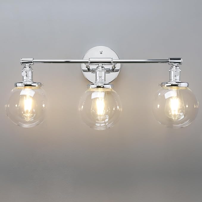 Phansthy 3-Light Wall Sconces Antique Brass Vanity Light, Industrial Wall Lamps with On Off Switch and Clear Glass Lampshade, Vintage Wall Lighting for Bathroom Living Room (Chrome, Globe Shade)