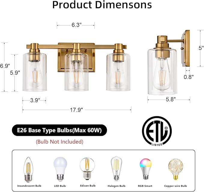 3 Lights Bathroom Lighting Fixtures Over Mirror Gold Bathroom Vanity Light Fixture Farmhouse Vanity Light Vintage for Bedroom Living Room Hallway