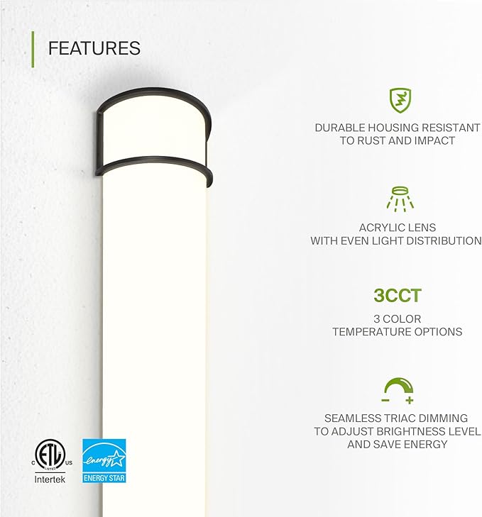 ASD LED 36" Vanity Flush Mount Light Fixture, Linear Bathroom Lighting Bar | 3CCT, Dimmable, Energy Star, ETL Listed | 30W 2650LM 3000-5000K 120V | Long Tube Bath Wall Sconce Over Mirror | Black