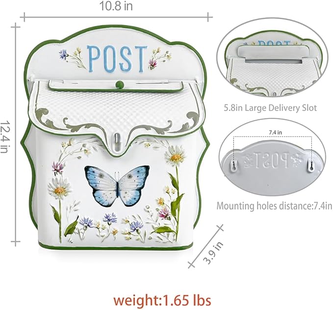 Mailbox Wall Mount Mailboxes for Outside Vintage Mail Boxes for House Outside Metal Drop Box Antique Style Nostalgic Charm Home Decorative, Butterfly Pattern, White