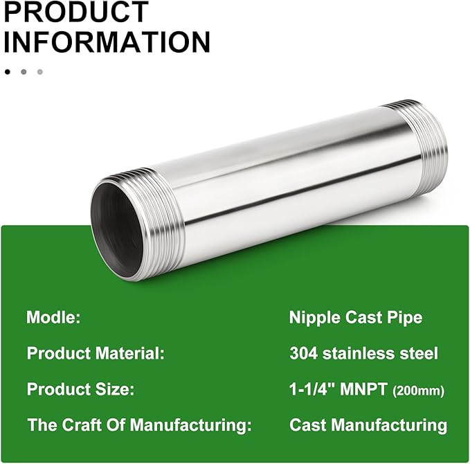 TAISHER 1PCS Stainless Steel Pipe Fittings, 1-1/4" NPT Male x 1-1/4" NPT Male Threaded, 8" Length Nipple Cast Pipe