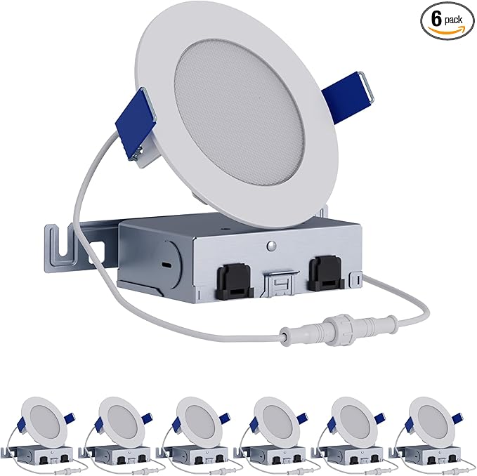 HALO 4 inch LED Recessed Ceiling Light 6-Pack Canless Dimmable with Selectable Lumens and Selectable Color Temperature 2700K-5000K Indoor Outdoor Wet Location Airtight Ultra Slim HLB4LSFS5-6PK