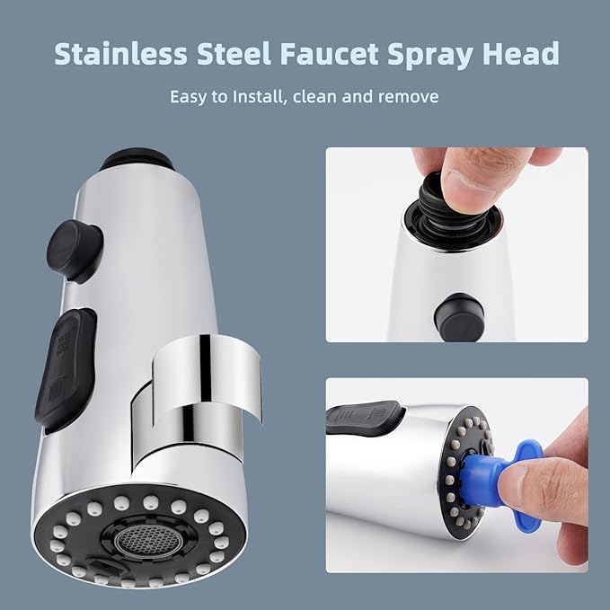 iFealClear Universal Metal Kitchen Faucet Head Replacement with 15 Adapters, 3-Mode Stainless Steel Pull Down Sink Faucet Sprayer Head Nozzle, Compatible with Moen, Delta, Pfister Faucets, Chrome