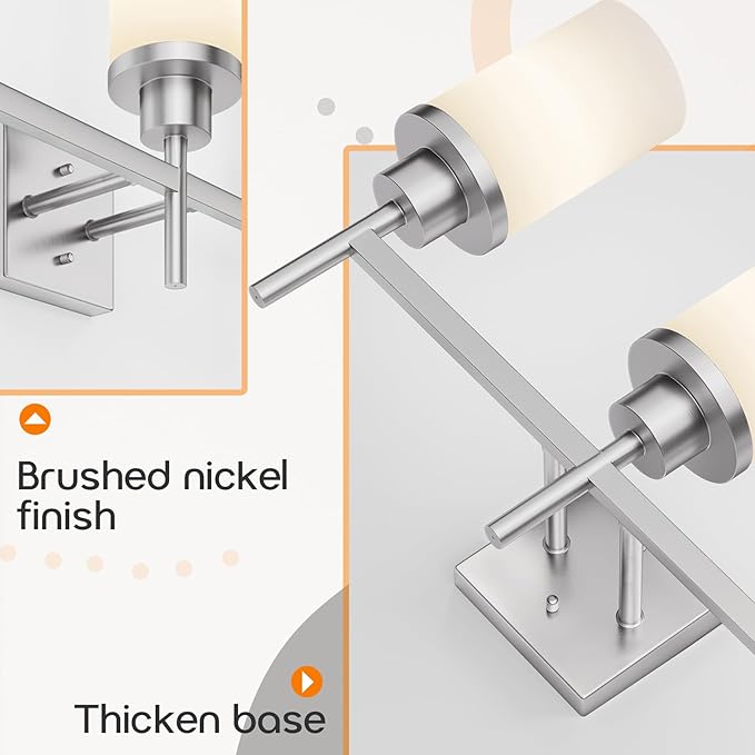 Bathrom Light Fixtures Brushed Nickel 3-Light with White Frosted Glass Shade, Modern Wall Lamps Over Mirror for Bath Washroom Living Room T001BR-L3