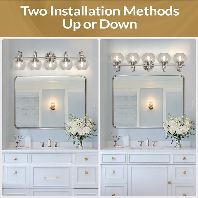 ANDY STAR 5-Light Brushed Nickel Bathroom Light Fixture, 35" Large Wall Sconce, Glass Globe Design, Perfect for Large Bathrooms, Double Vanities, Elegant Linear Design