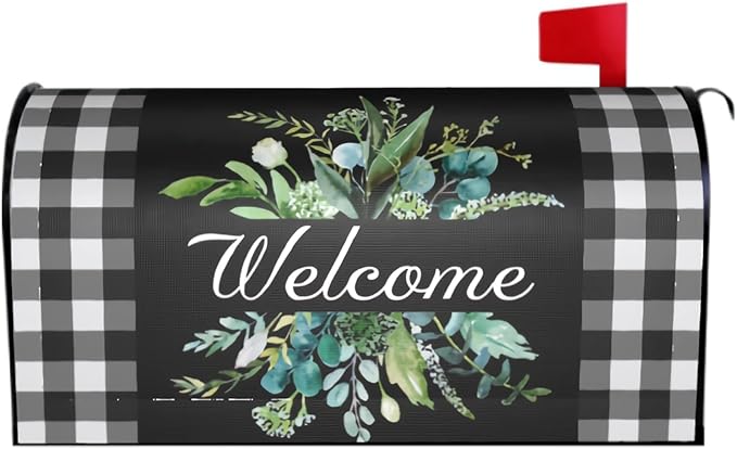 Kawani Buffalo Plaid Mailbox Cover - Black & White Plaid with Leaves - Magnetic Welcome - Standard Size 21 x 18 Inches