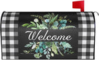 Kawani Buffalo Plaid Mailbox Cover - Black & White Plaid with Leaves - Magnetic Welcome - Standard Size 21 x 18 Inches