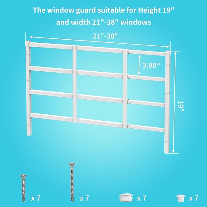 Fixed Window Safety Guard 19”x 38” Adjustable Width Prevents Accidental Falls, Non-Egress, Tamper Resistant Screws Included, White, Single Pack