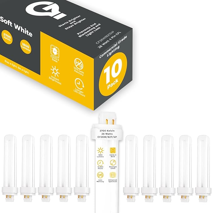GoodBulb 26 Watt CFL Light Bulbs 4 Pin G24Q-3 Base 2700K Soft White 26W High Output 1800 Lumens Double Tube Compact Fluorescent Light Bulbs Plug-in 10 Pack