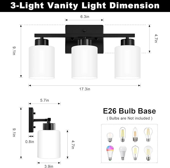 Black Bathroom Light Fixtures, 3-Light Modern Vanity Light Over Mirror, Wall Sconces with Milky White Frosted Glass Shades, E26 Socket (Bulbs Not Included)