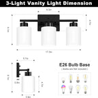 Black Bathroom Light Fixtures, 3-Light Modern Vanity Light Over Mirror, Wall Sconces with Milky White Frosted Glass Shades, E26 Socket (Bulbs Not Included)