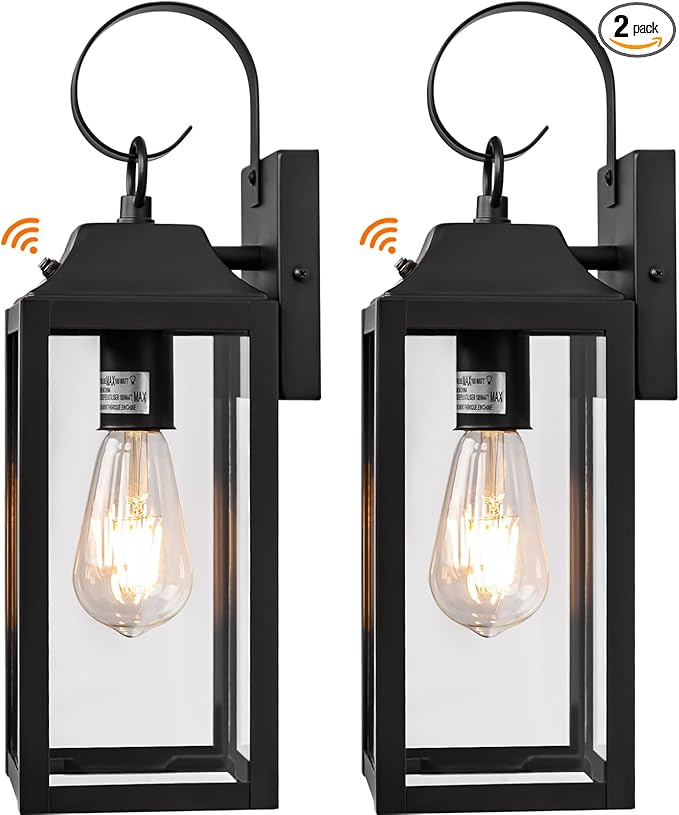 Dusk to Dawn Wall Lights 2 Pack, Black Outdoor Light Fixtures Wall Mount, 15 Inch Exterior Wall Sconces Waterproof, Large Outside Lights for House, Modern Wall Lanterns Clear Glass
