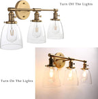 Phansthy 3-Light Wall Sconces Antique Brass Vanity Light, Industrial Wall Lamps with On Off Switch and Clear Glass Lampshade, Vintage Wall Lighting for Bathroom Living Room (Antique, Bell Shade)