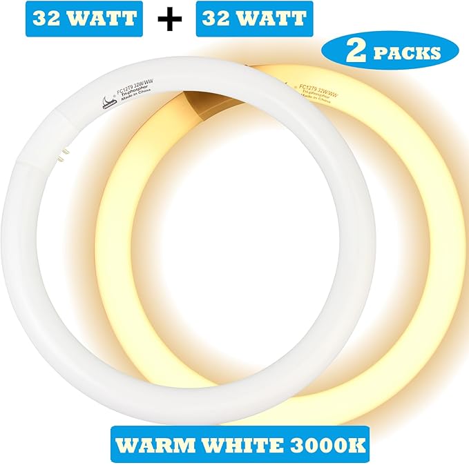 FC12T9/KB 32 Watt Light Bulb, 12 inch FCL 32W T9 Circular Fluorescent Light Bulb, FC12T9 WW Round Light Bulbs Warm White 3000K, G10q 4 Pin Prong Base, 2 Pack