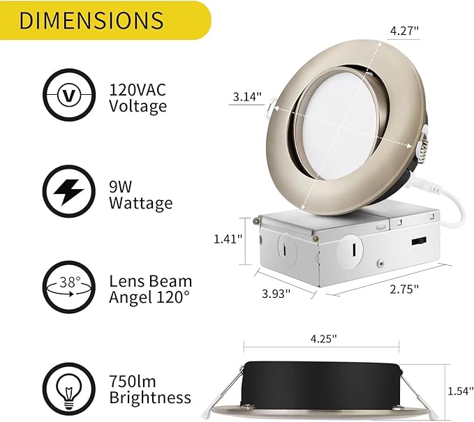 Brushed Nickel Recessed Lighting 4 Inch 6 Pack, Ajustable Eyeball Gimbal canless recessed Light with Junction Box,9W 750LM,Dimmable,5CCT Selectable