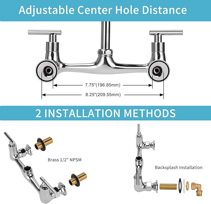 8" Center Wall Mount Faucet, Commercial Kitchen Sink Faucet with 8" Swivel Spout 2 Handle Wall Mount Utility Sink Faucet for Restaurant & Laundry Room & Compartment Sink