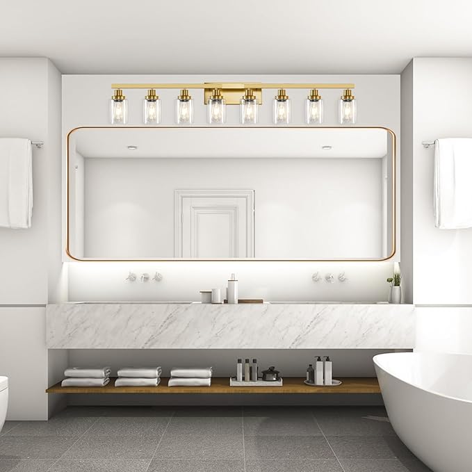 8 Light Gold Vanity Lights Over Mirror, 52inch Gold Bathroom Light Fixtures Modern Vanity Lights Gold Bathroom Wall Lighting for Mirror Bedroom,Living Room