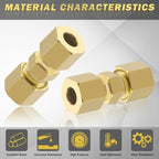 Brass Tube Pipe Compression Fitting, 10 Pcs 1/4" Tube OD x 1/4" Tube OD Ice Maker Water Line Compression Union Connector & 10 PCS Compression Sleeves Ferrules