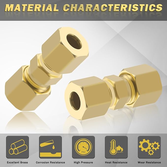 Brass Tube Pipe Compression Fitting, 10 Pcs 1/4" Tube OD x 1/4" Tube OD Ice Maker Water Line Compression Union Connector & 10 PCS Compression Sleeves Ferrules