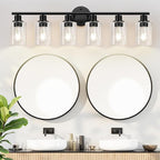 6-Light Bathroom Light Fixtures, Black Modern Vanity Lights with Clear Glass Shade, Bathroom Wall Lamp for Mirror Kitchen Living Room Hallway Cabinet Porch