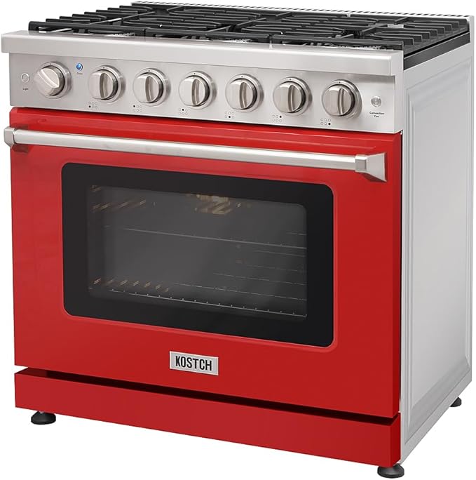 36 inch Professional Freestanding Pro-Style Natural Gas Range or Liquid Propane Gas Range with 6 Burners, 6.0 cu.ft. Oven Capacity, in Stainless Steel - KOS-36RG03M (Red)