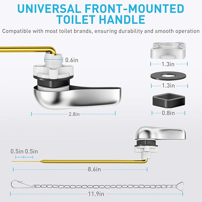 Toilet Handle Replacement Kit - Universal Front Mount Toilet Flush Handle, American Standard Toilet Lever Replacement Fits Most Toilets, Metal Toilet Tank Lever with Steel Flapper Chain [Brass&Chrome]