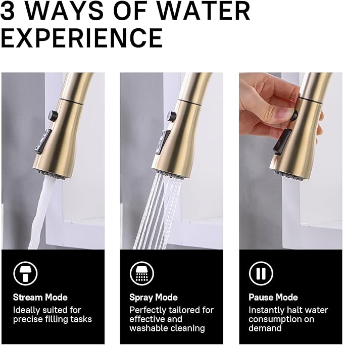 WEWE Brushed Gold Kitchen Faucet with Pull Down Sprayer, Single Handle Gold Kitchen Sink Faucet Stainless Steel Brass Copper Commercial RV 1 or 3 Hole, Champagne Bronze