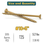WELLOCKS Deck Screws, Wood Screws, Tan, Superior Rust Resistant, Epoxy Coated, Above 1000 Hour Salt Spray Coating T25 Torx Star Bit Included for Outdoor Wood Fence (5.2LBS Tan, #10×5")