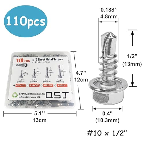 QSJ 110PCS #10 x 1/2'' Sheet Metal Screws 410 Stainless Steel Hex Washer Head Fast Self Tapping Screws with Screwdriver Bit Silver