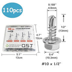 QSJ 110PCS #10 x 1/2'' Sheet Metal Screws 410 Stainless Steel Hex Washer Head Fast Self Tapping Screws with Screwdriver Bit Silver