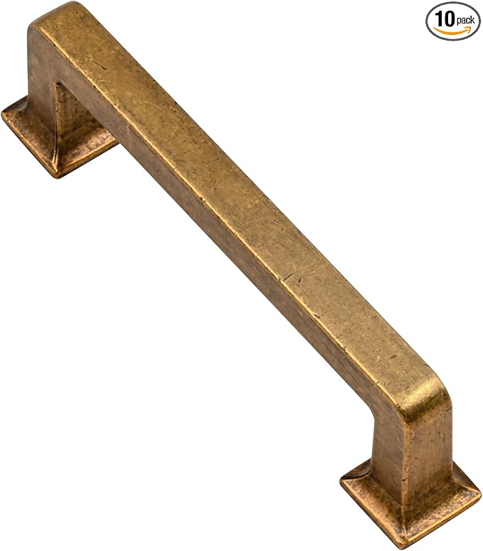 Alzassbg 10 Pack Antique Brass Cabinet Pulls, 3-3/4 Inch(96mm) Hole Centers Cabinet Handles Square Kitchen Hardware for Cabinets AL3046AE