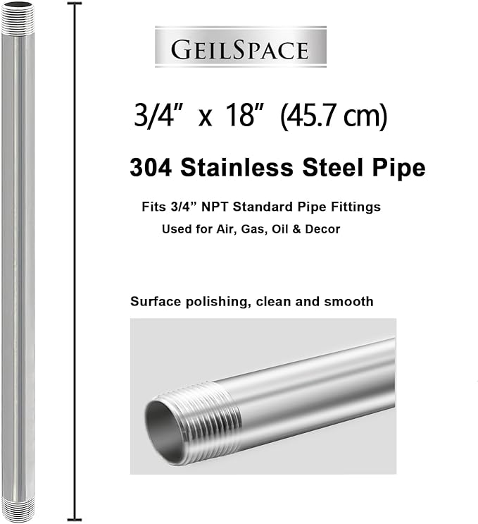 GeilSpace 3/4" x 18" Stainless Steel Pipe, 304 Pipe Nipple Fits Standard 3/4 Inch Threaded Pipes and Fittings, DIY Industrial Metal tube (2 PCS)