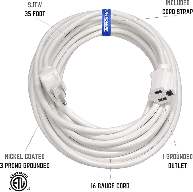 Clear Power 35 ft Indoor/Outdoor Extension Cord 16/3 SJTW, White, Water & Weather Resistant, Flame Retardant, 3 Prong Grounded Plug, CP10207