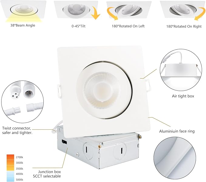 Square Recessed Lighting 4 inch 6 Pack,Canless Eyeball Recessed Lights,dimmable, 5CCT Selectable,9W 750LM