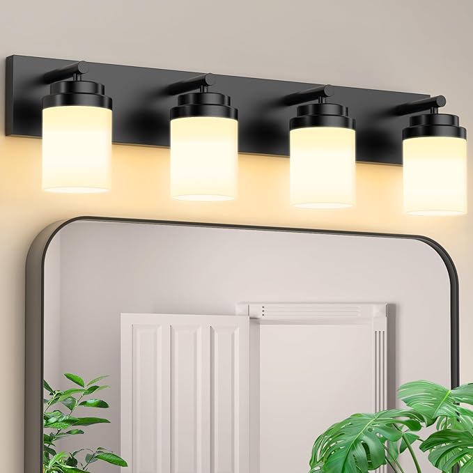 IZORRO Bathroom Vanity Light Fixture, 4-Light 27.5 Inch Matte Black Bathroom Light Fixtures Over Mirror, with White Glass Shade, Modern Farmhouse Vanity Lights, Rustic Restroom Lighting Fixtures