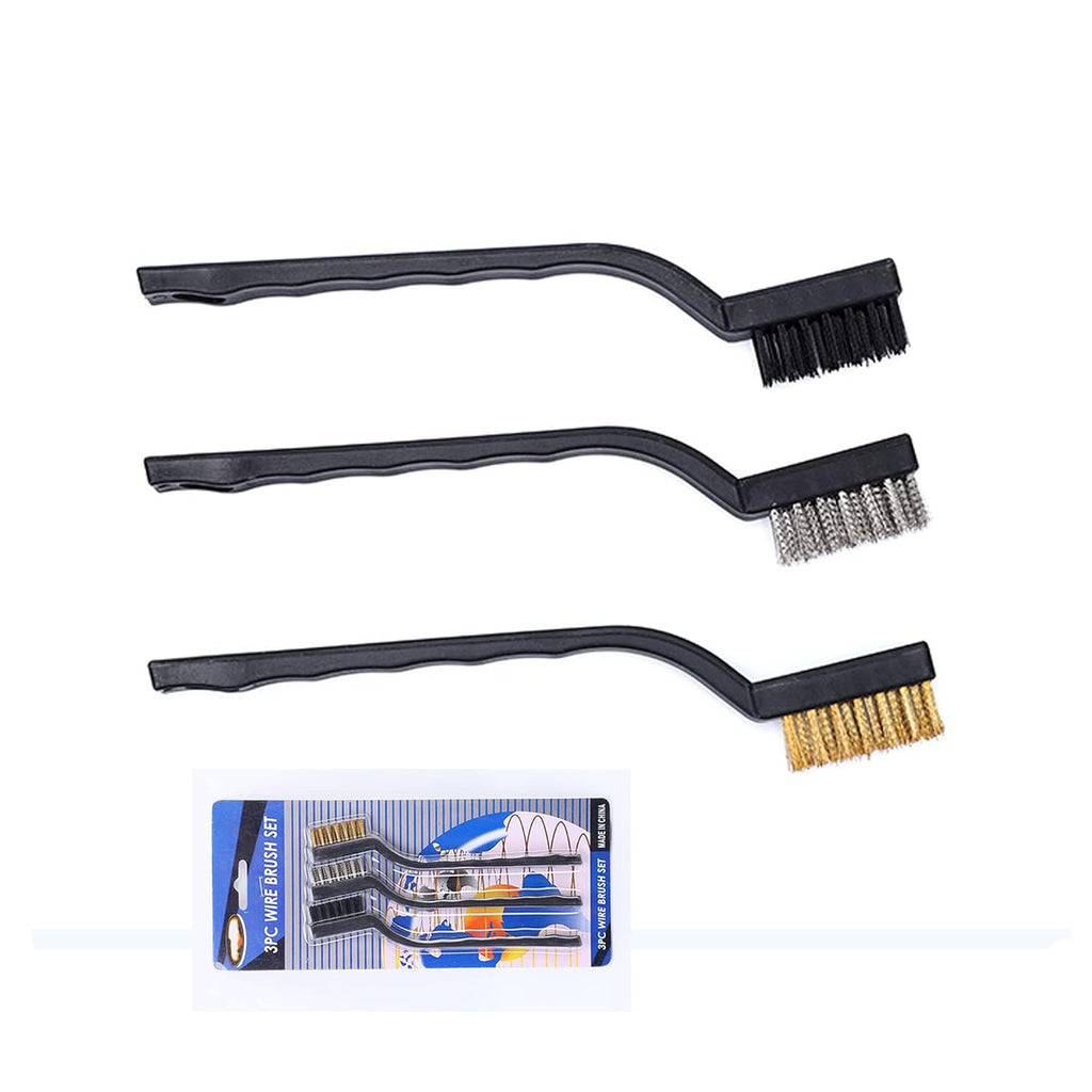 3Pcs Mini Wire Brush Set for Cleaning and Rust Removing, 7 Inch Industrial Wire Brushes of Stainless Steel/Nylon/Brass Bristles