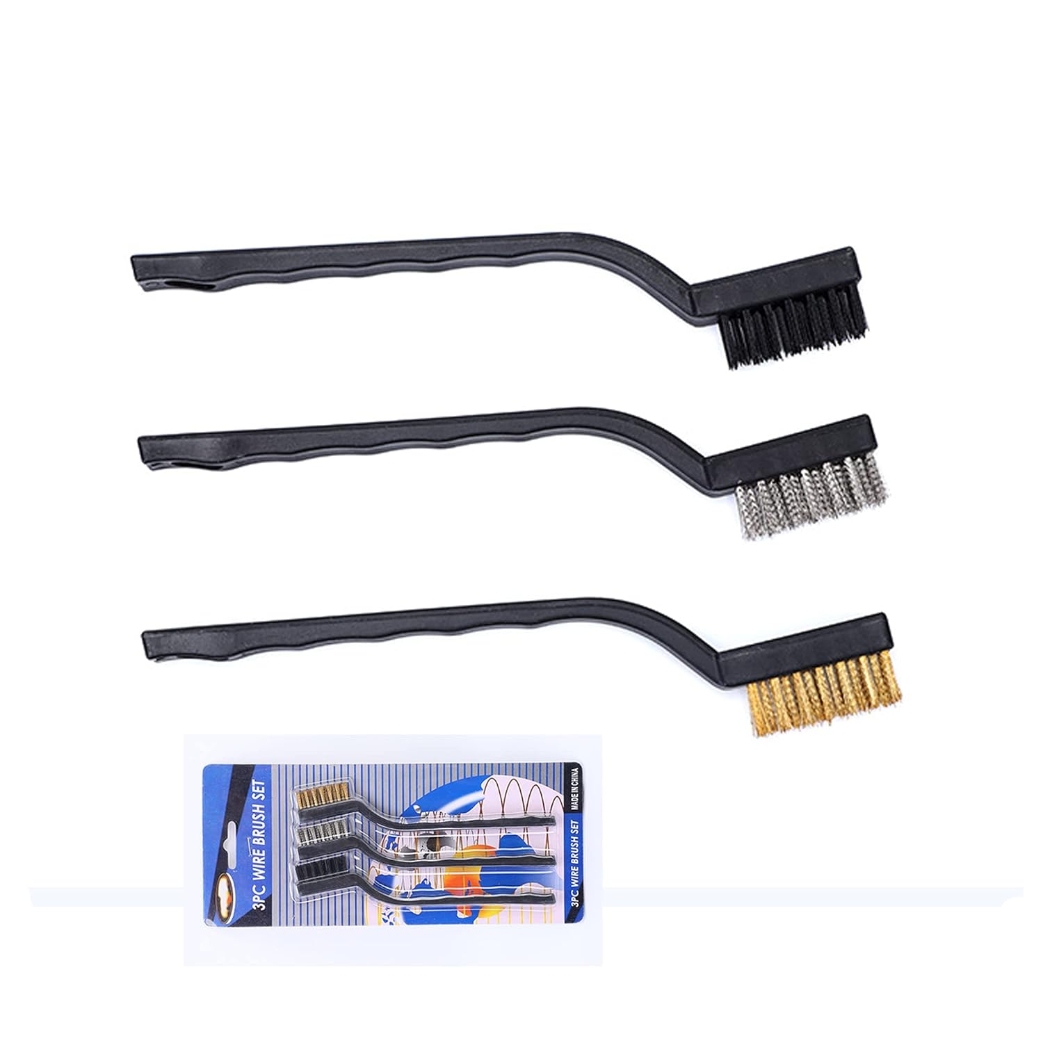 3Pcs Mini Wire Brush Set for Cleaning and Rust Removing, 7 Inch Industrial Wire Brushes of Stainless Steel/Nylon/Brass Bristles