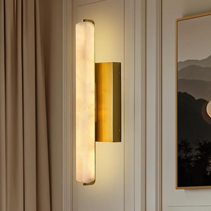 Alabaster Wall Sconces, 15in Brass Alabaster Sconce, Modern Spanish Natural Marble Sconces Lights, Rectangle Gold Sconces for Bathroom Vanity Bedroom Living Room Staircases Hallway