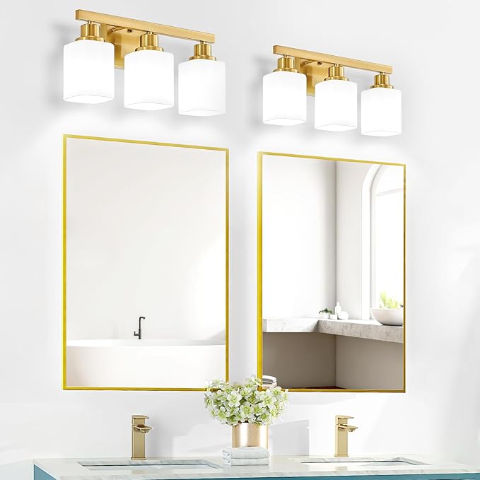 Bathroom Vanity Light,3-Light Gold Modern Bathroom Light Fixtures with Square Frosted Glass,Gold Wall Lamp Sconces for Mirror Bedroom,Living Room Hallway, E26